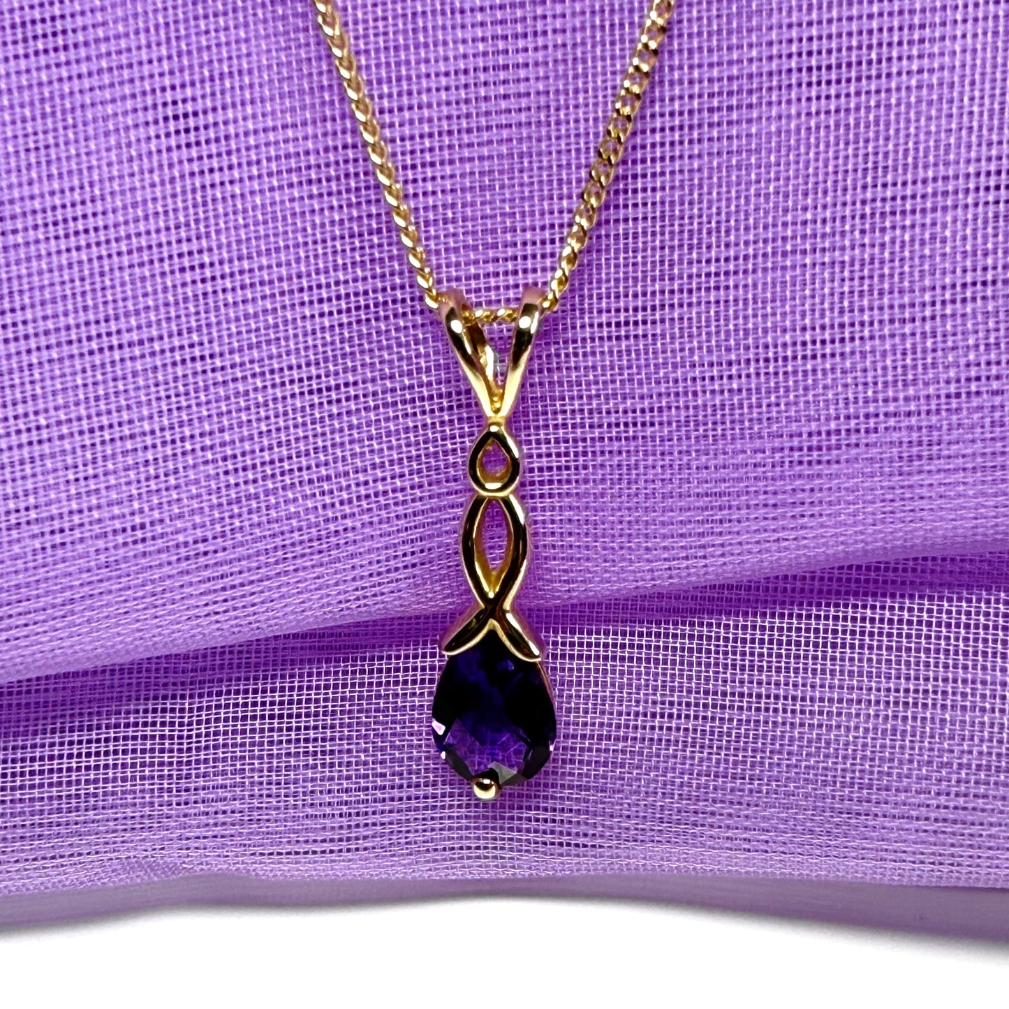 Real amethyst necklace pear shaped yellow gold pendant