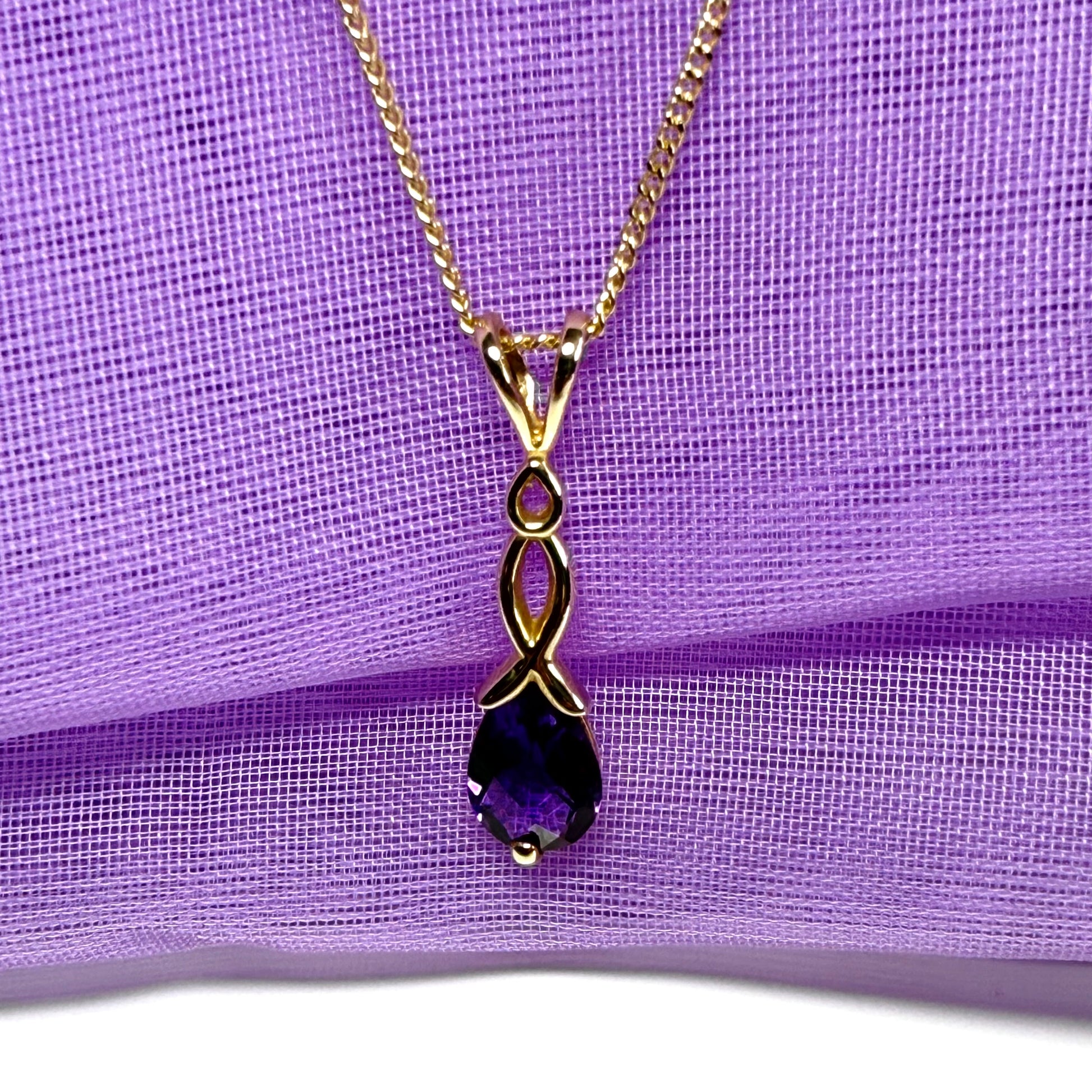 Real amethyst necklace pear shaped yellow gold pendant