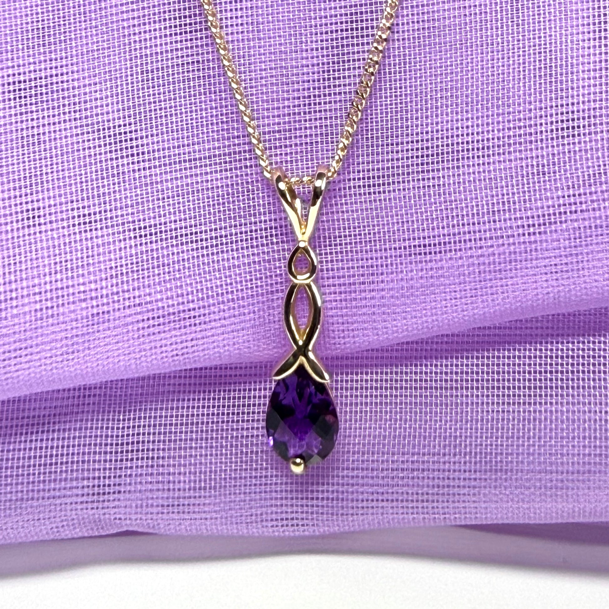 Real amethyst necklace pear shaped yellow gold pendant