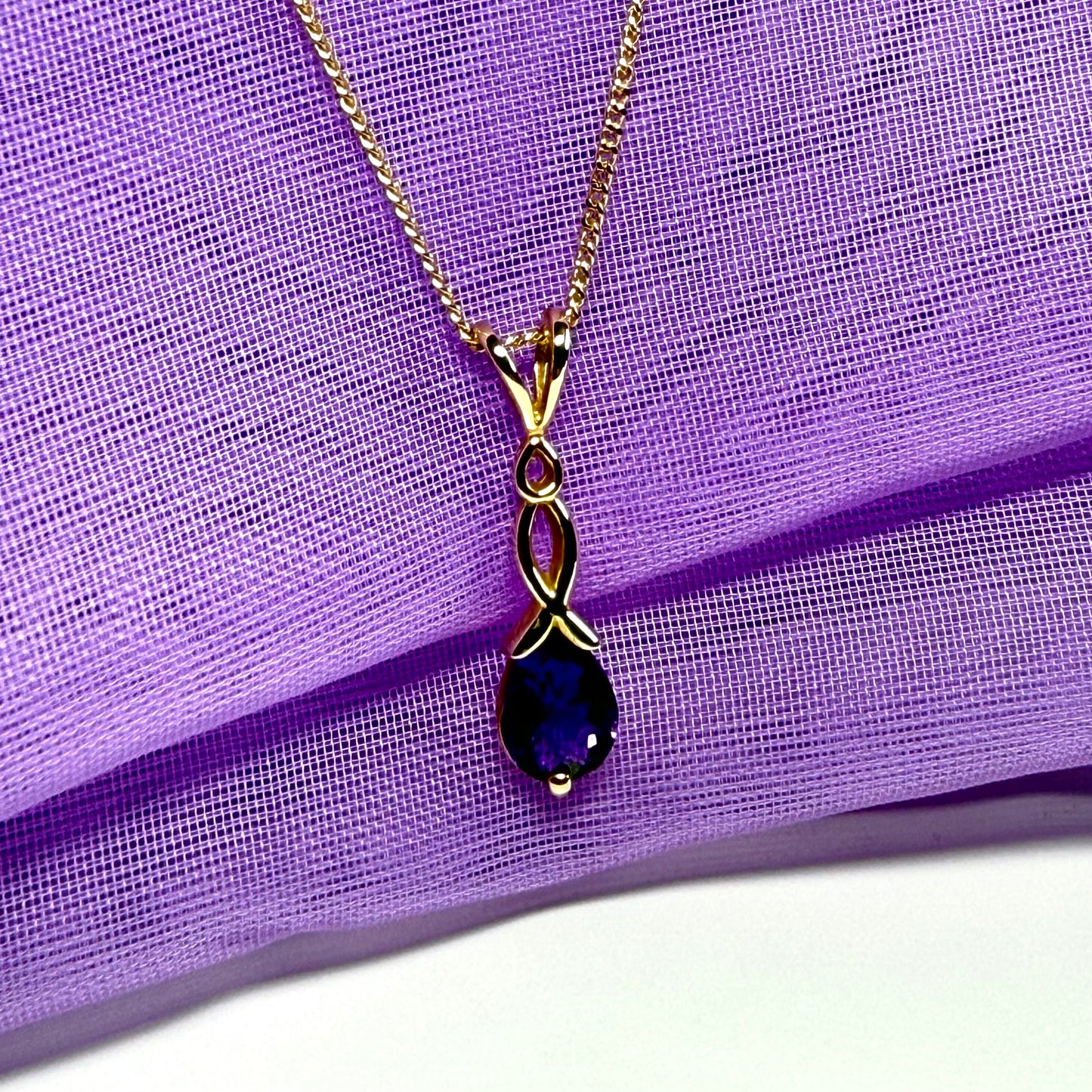 Real amethyst necklace pear shaped yellow gold pendant