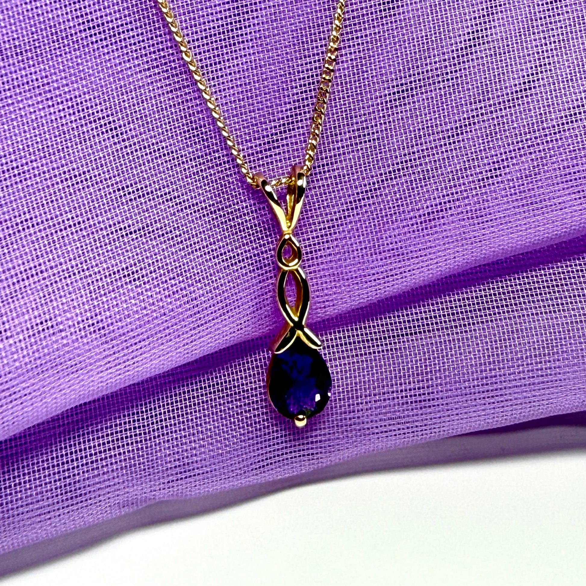 Real amethyst necklace pear shaped yellow gold pendant