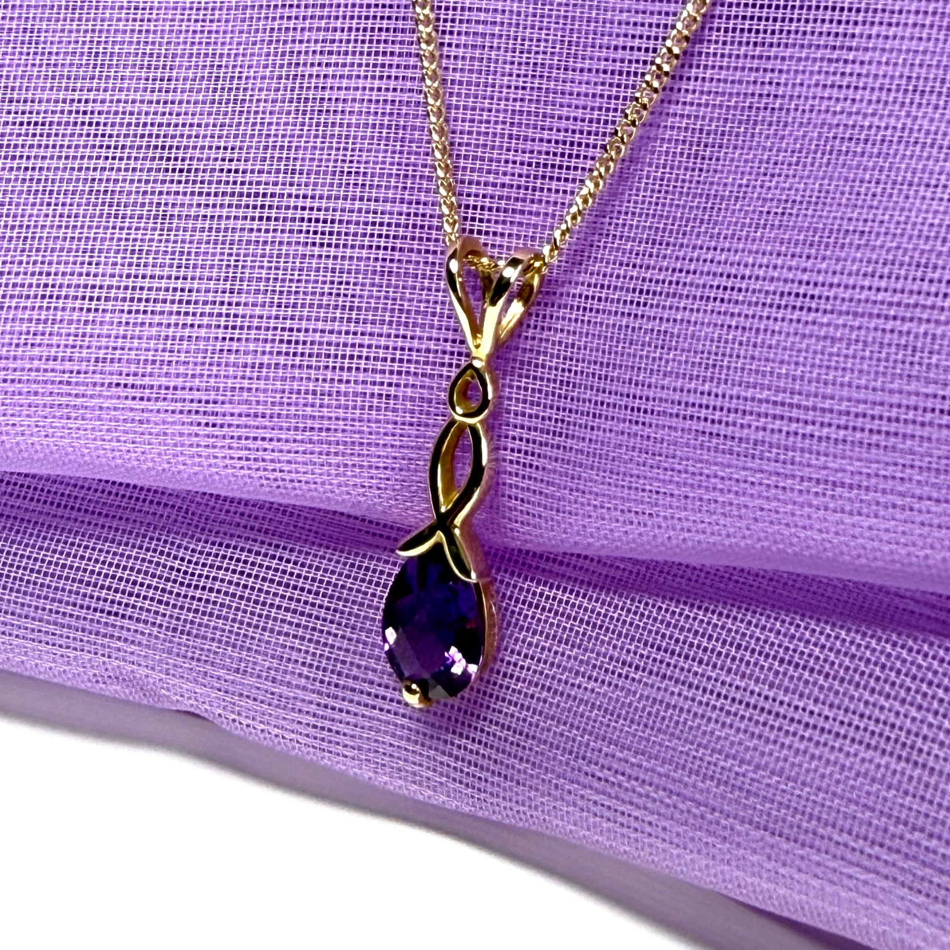 Real amethyst necklace pear shaped yellow gold pendant with chain