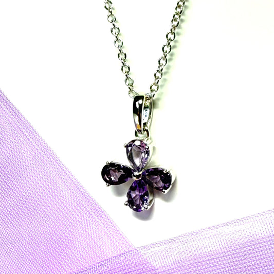 Real amethyst purple flower petal necklace sterling silver pendant