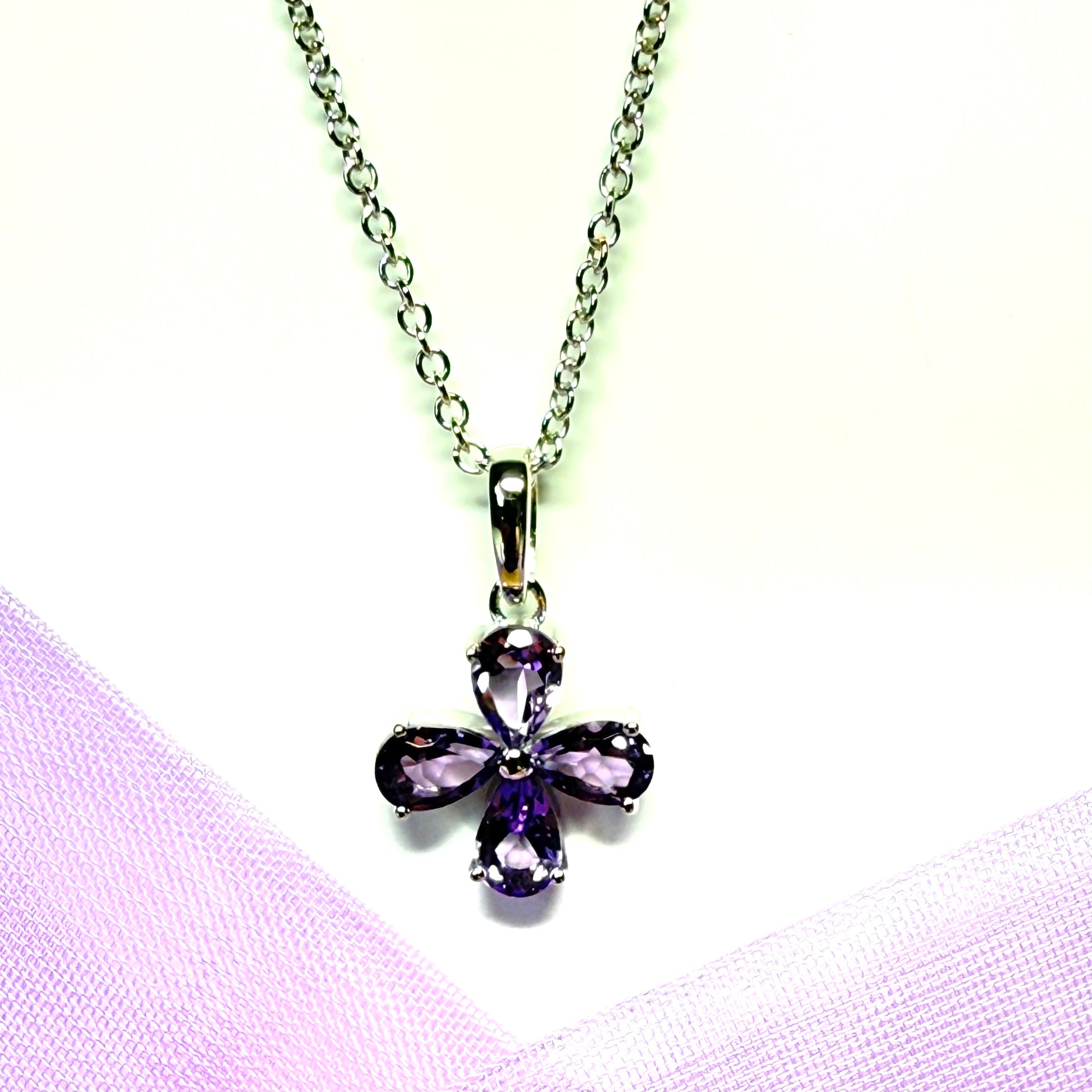 Real amethyst purple flower petal necklace sterling silver pendant with chain