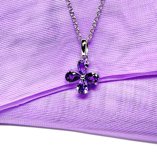 Real amethyst purple flower petal necklace sterling silver pendant with chain