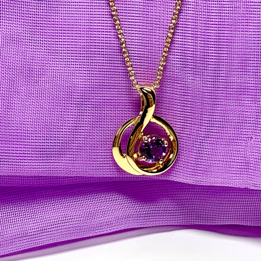 Real amethyst round fancy swirl sterling silver gilt gold plated pendent necklace