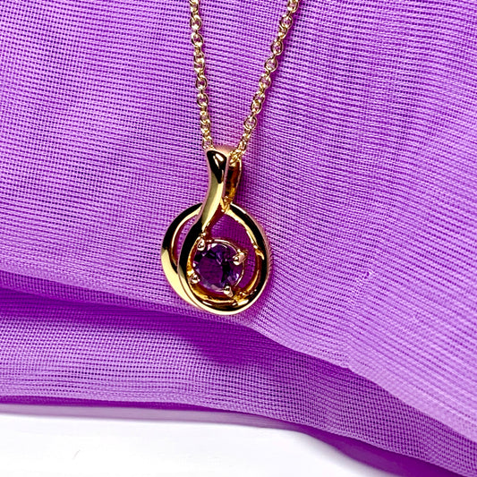 Real amethyst round fancy swirl sterling silver gilt gold plated pendent necklace