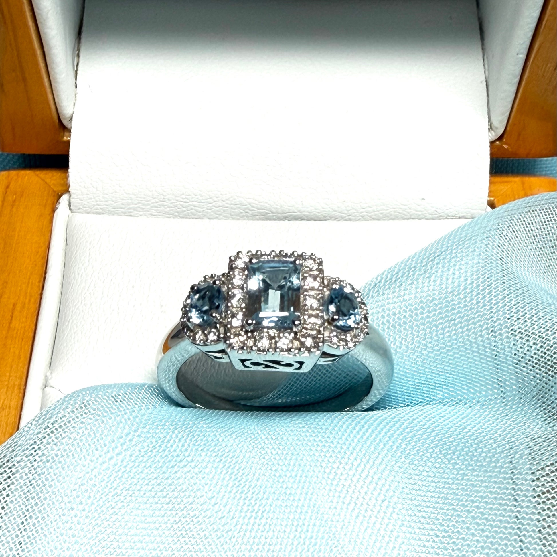 Real aquamarine and diamond trilogy ring white gold square and round dress cocktail