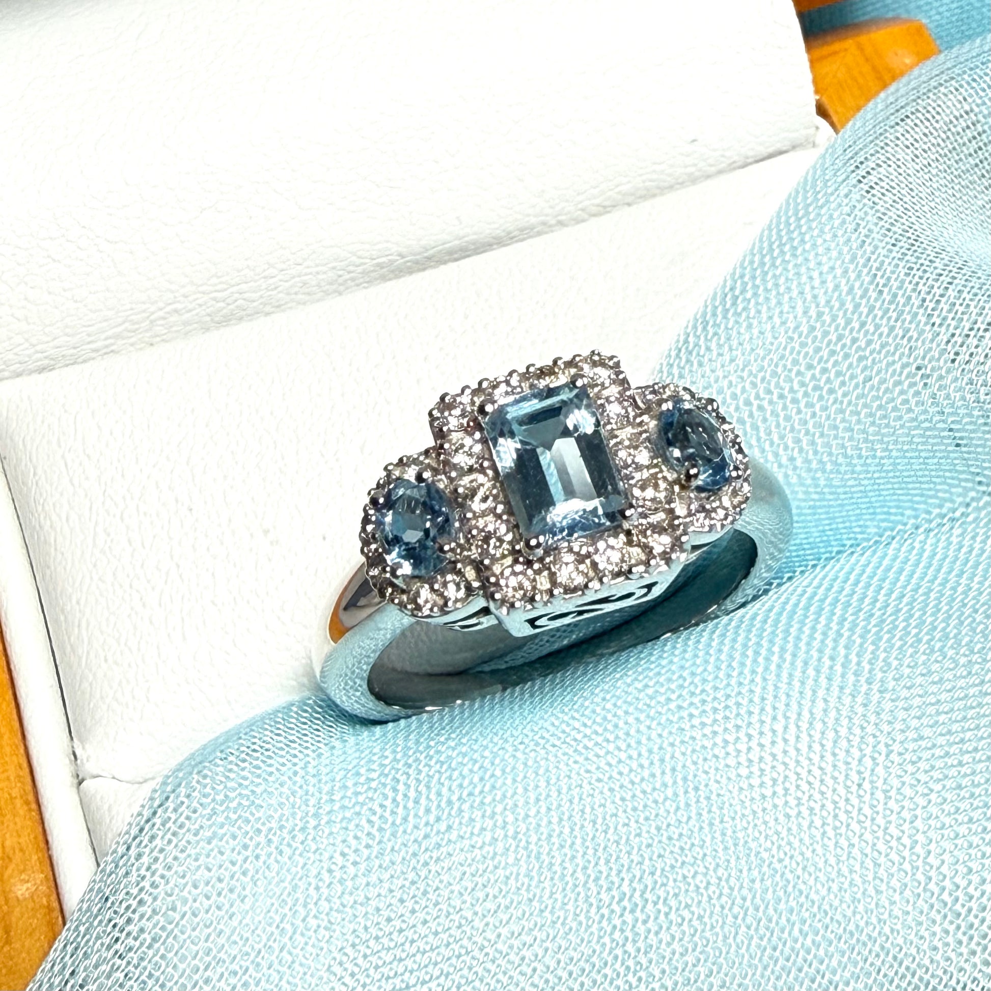 Real aquamarine and diamond trilogy ring white gold square and round dress cocktail