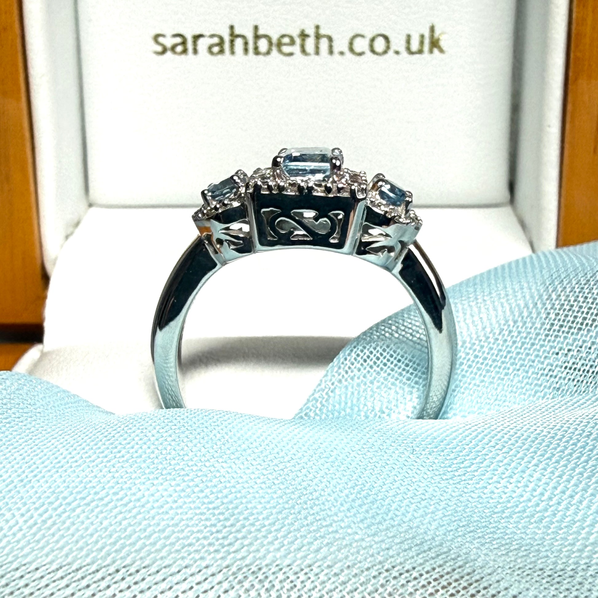 Real aquamarine and diamond trilogy ring white gold square and round dress cocktail