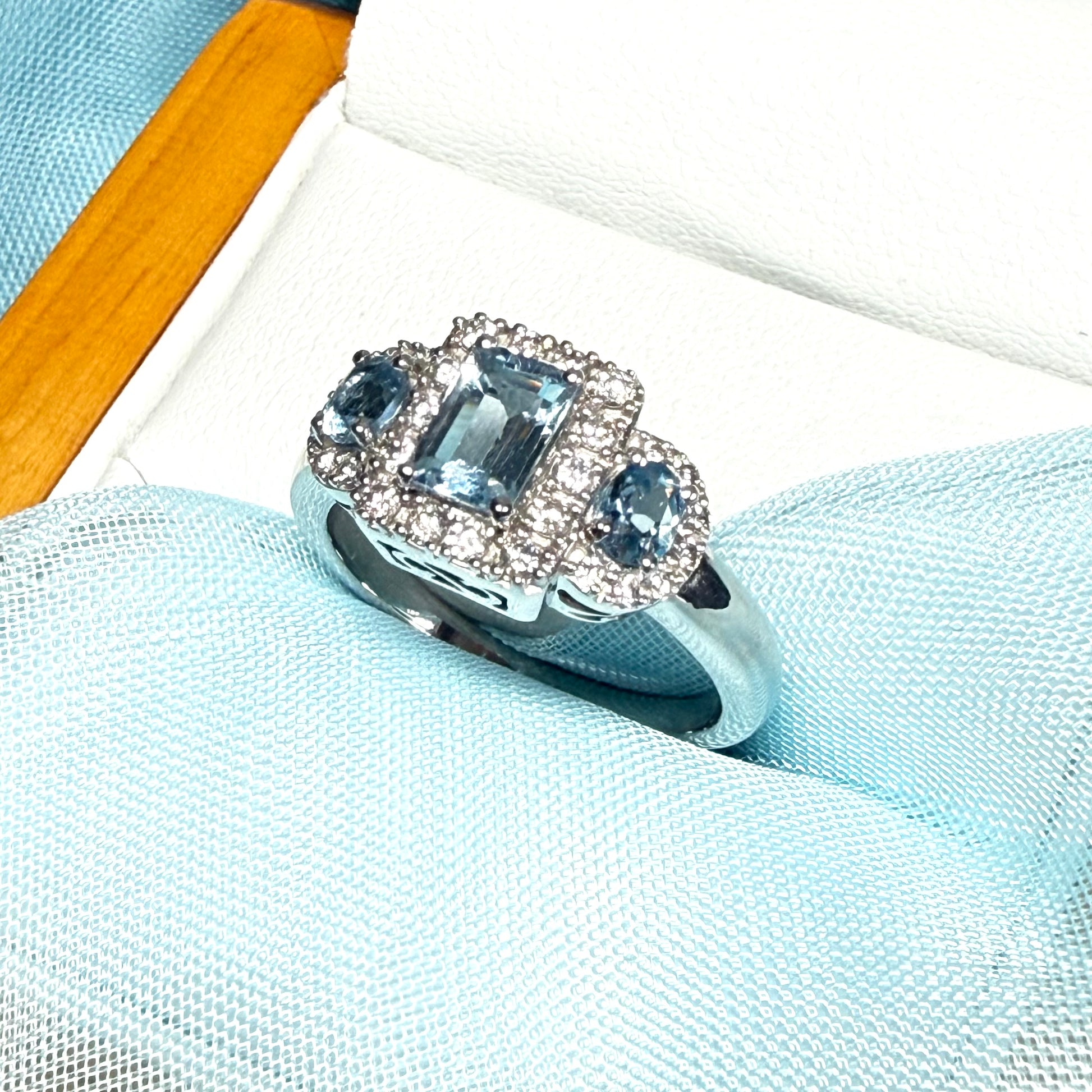 Real aquamarine and diamond trilogy ring white gold square and round dress cocktail