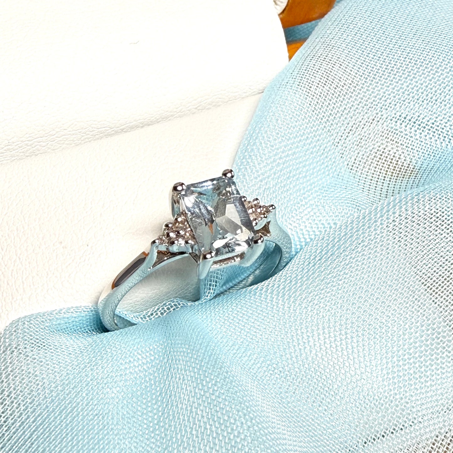 Real aquamarine and diamond white gold squared dress ring