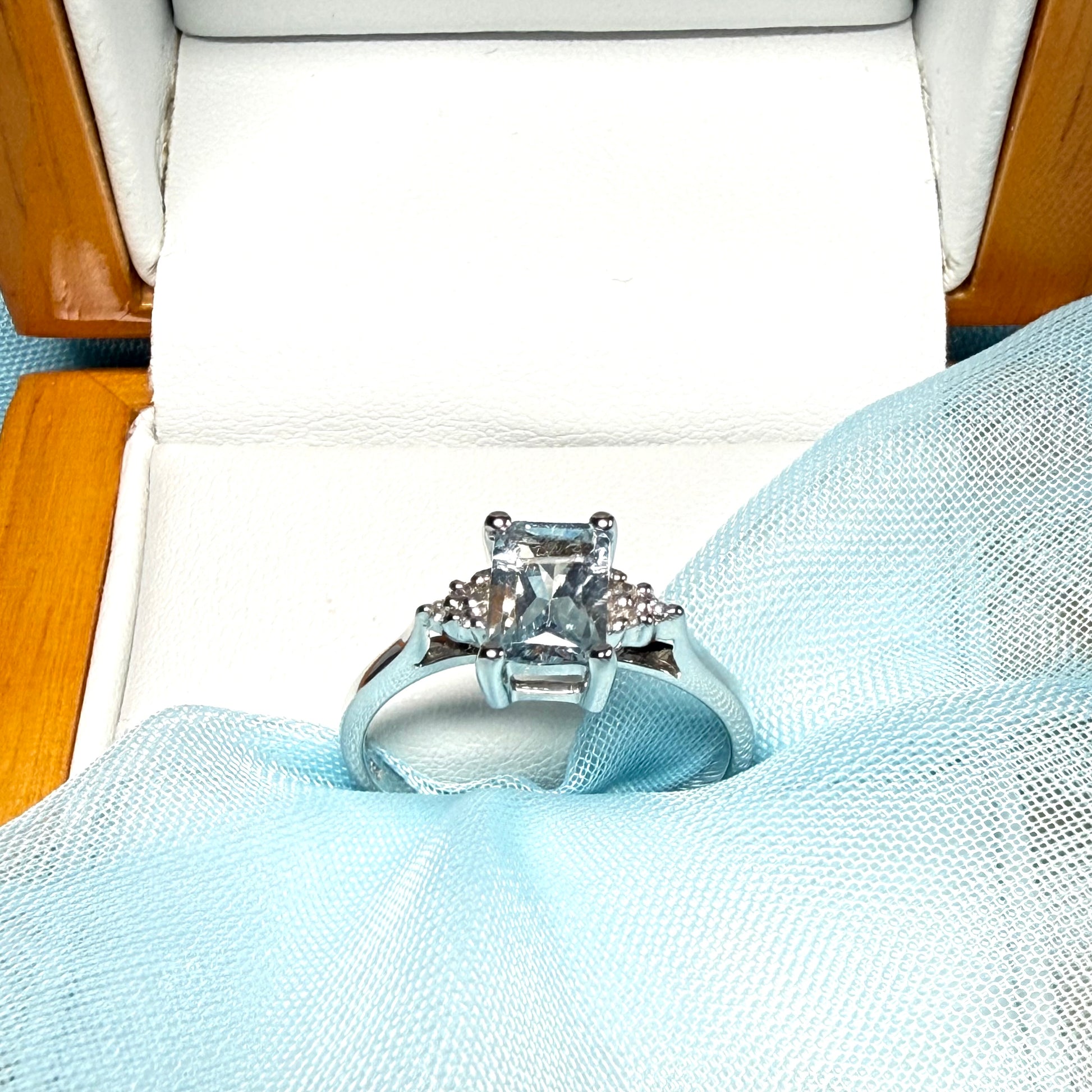 Real aquamarine and diamond white gold squared dress ring