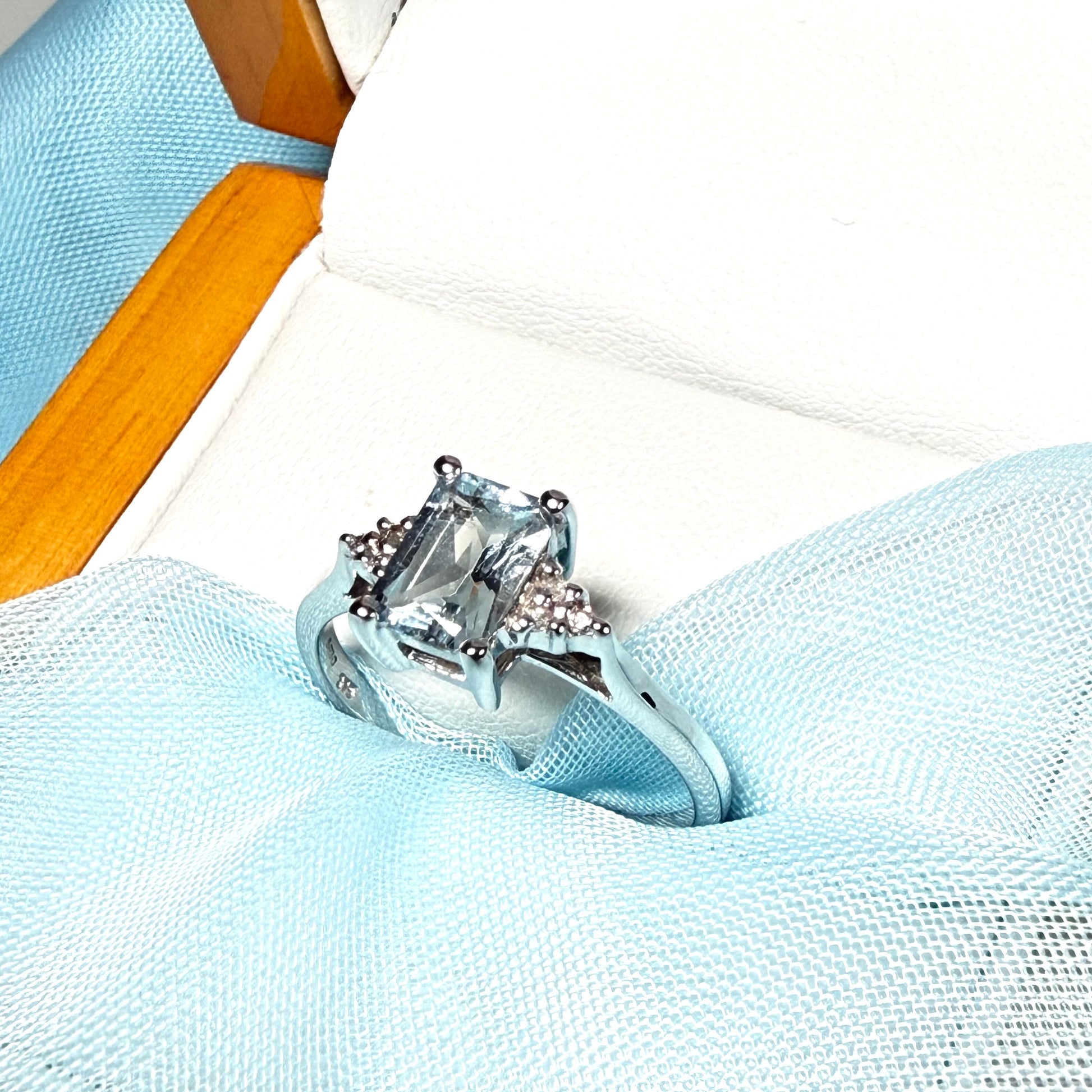 Real aquamarine and diamond white gold squared dress ring