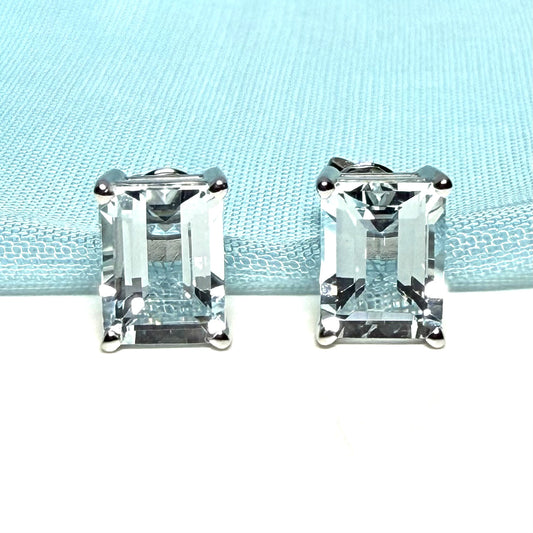 Real aquamarine earrings stud square cut white gold