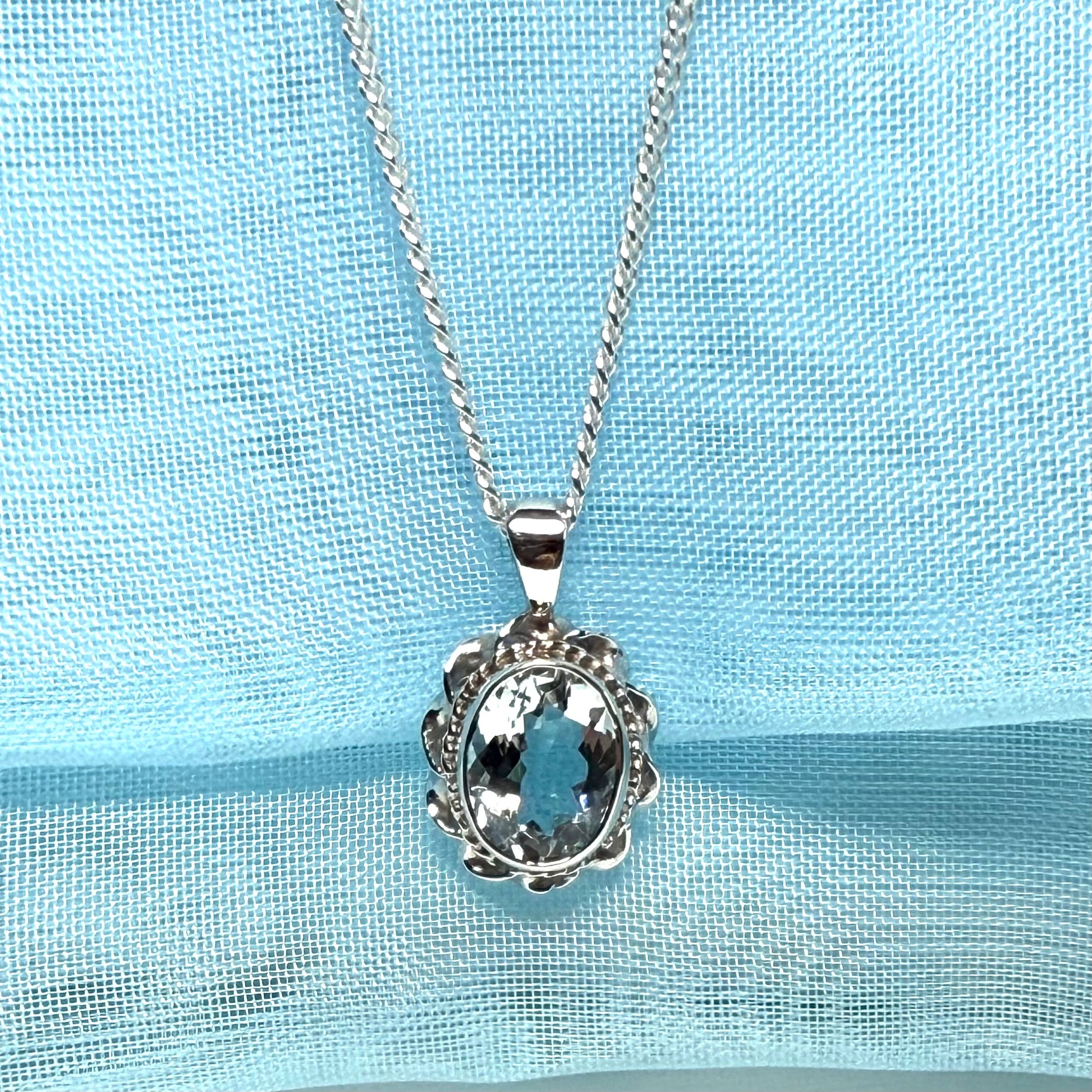 Real aquamarine necklace oval white gold