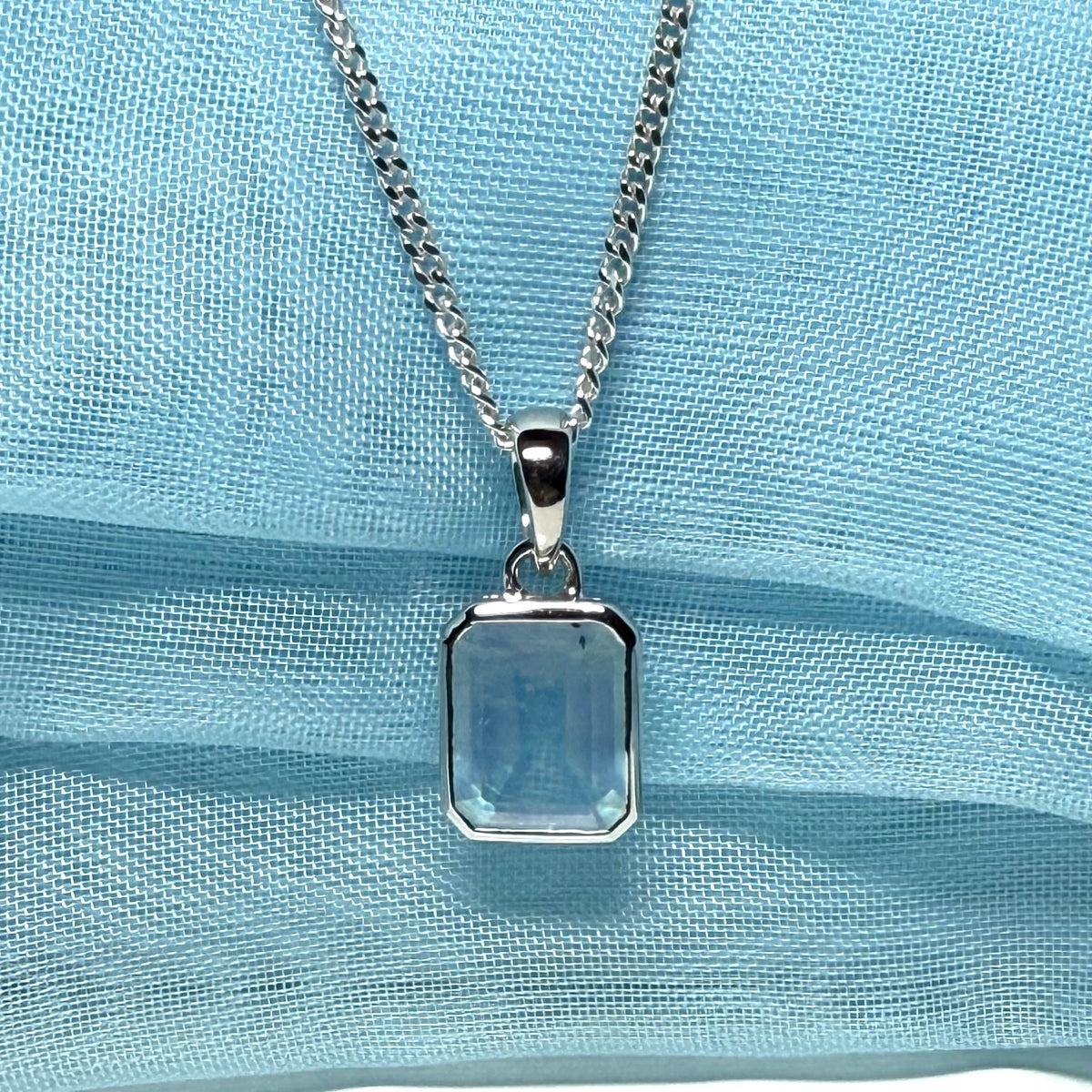 Real aquamarine necklace sterling silver rectangle shaped pendant