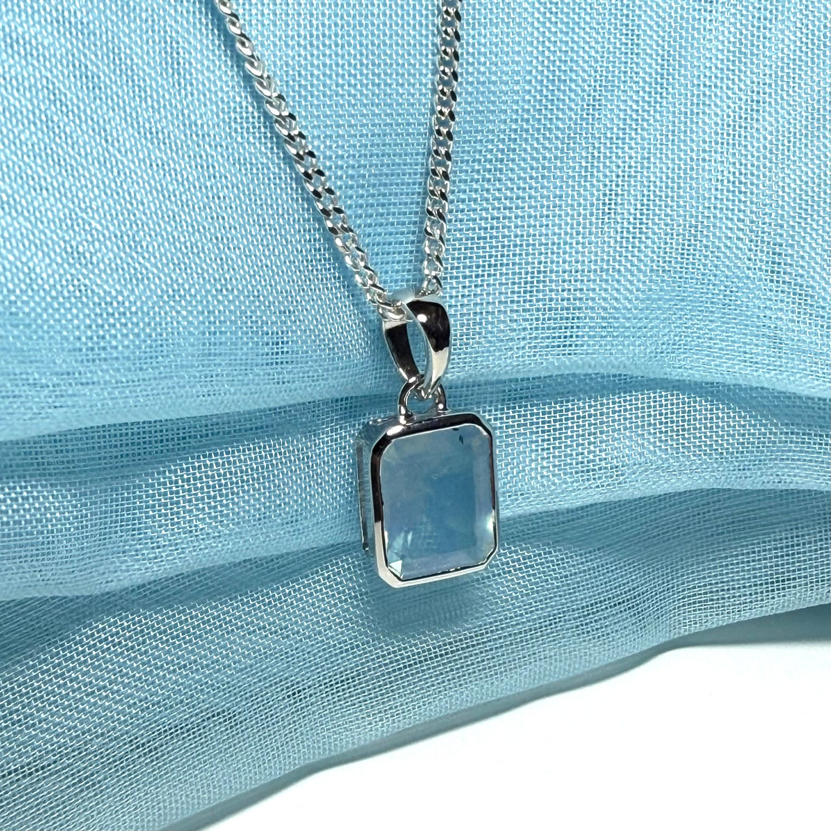 Real aquamarine necklace sterling silver rectangle shaped pendant