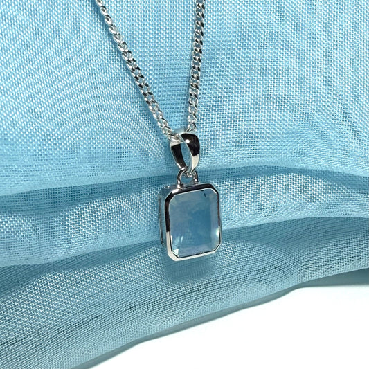 Real aquamarine necklace sterling silver rectangle shaped pendant