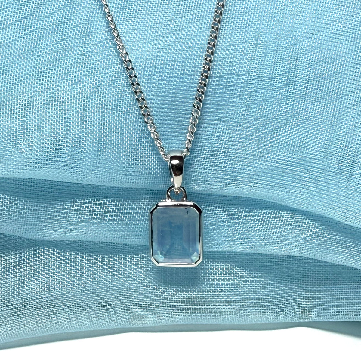 Real aquamarine necklace sterling silver rectangle shaped pendant with chain