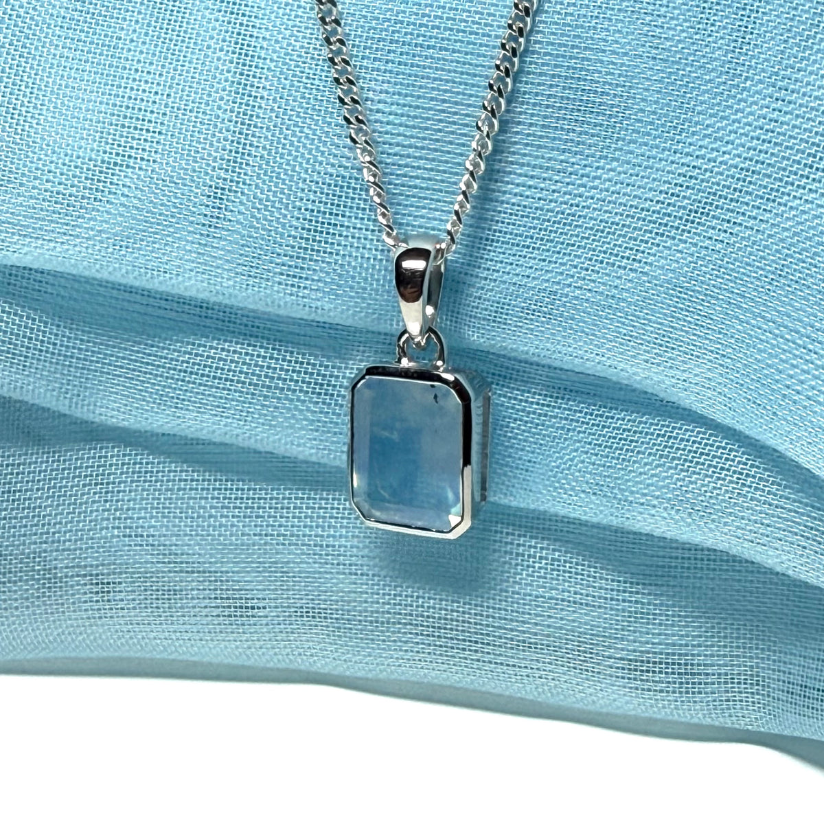 Real aquamarine necklace sterling silver rectangle shaped pendant