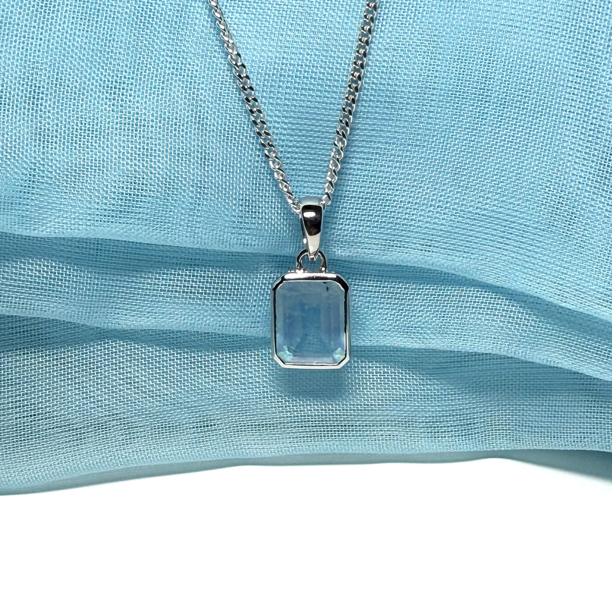 Real aquamarine necklace sterling silver rectangle shaped pendant with chain