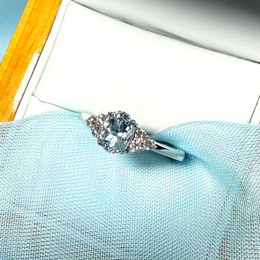 Real aquamarine ring and diamond white gold fancy dress