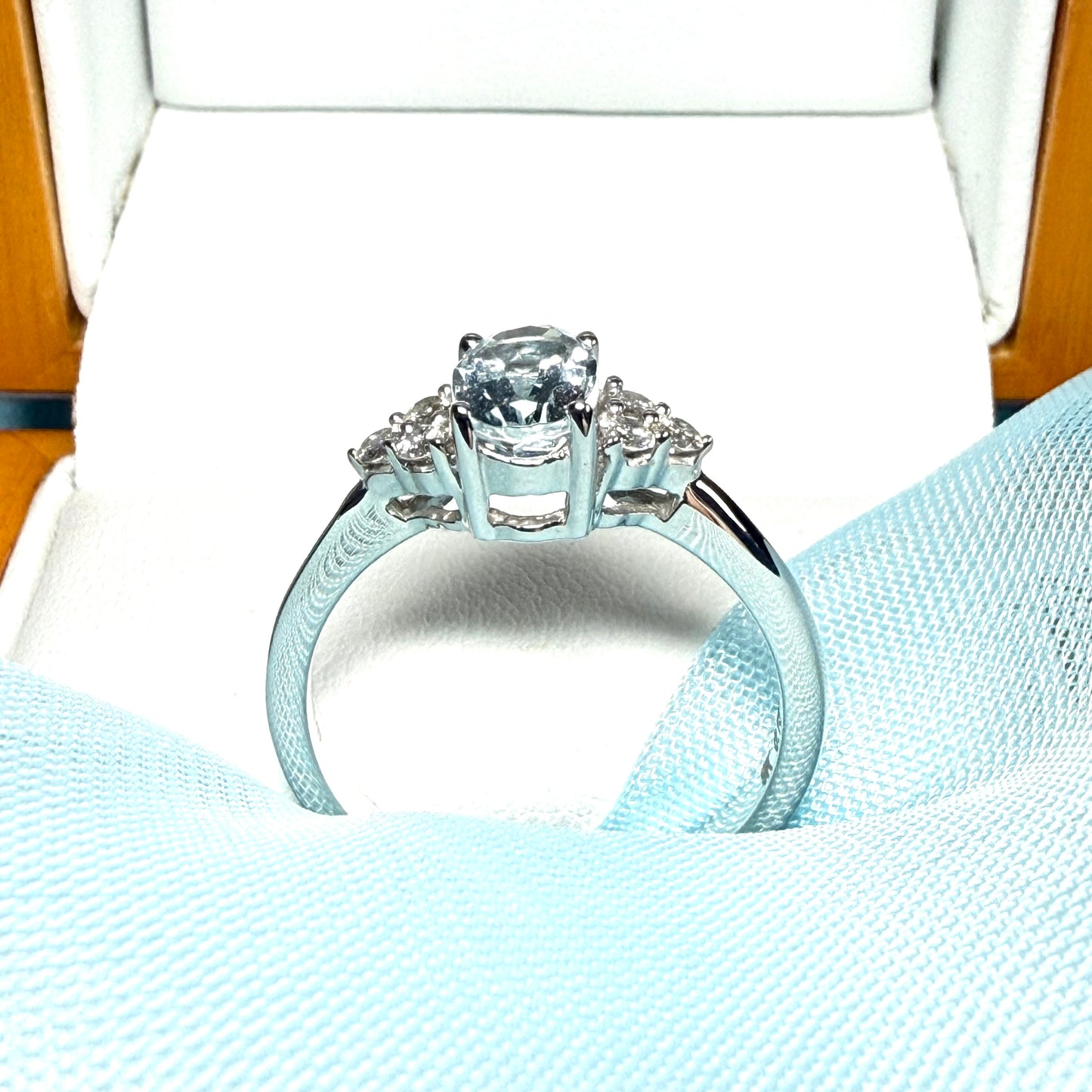 Real aquamarine ring and diamond white gold fancy dress