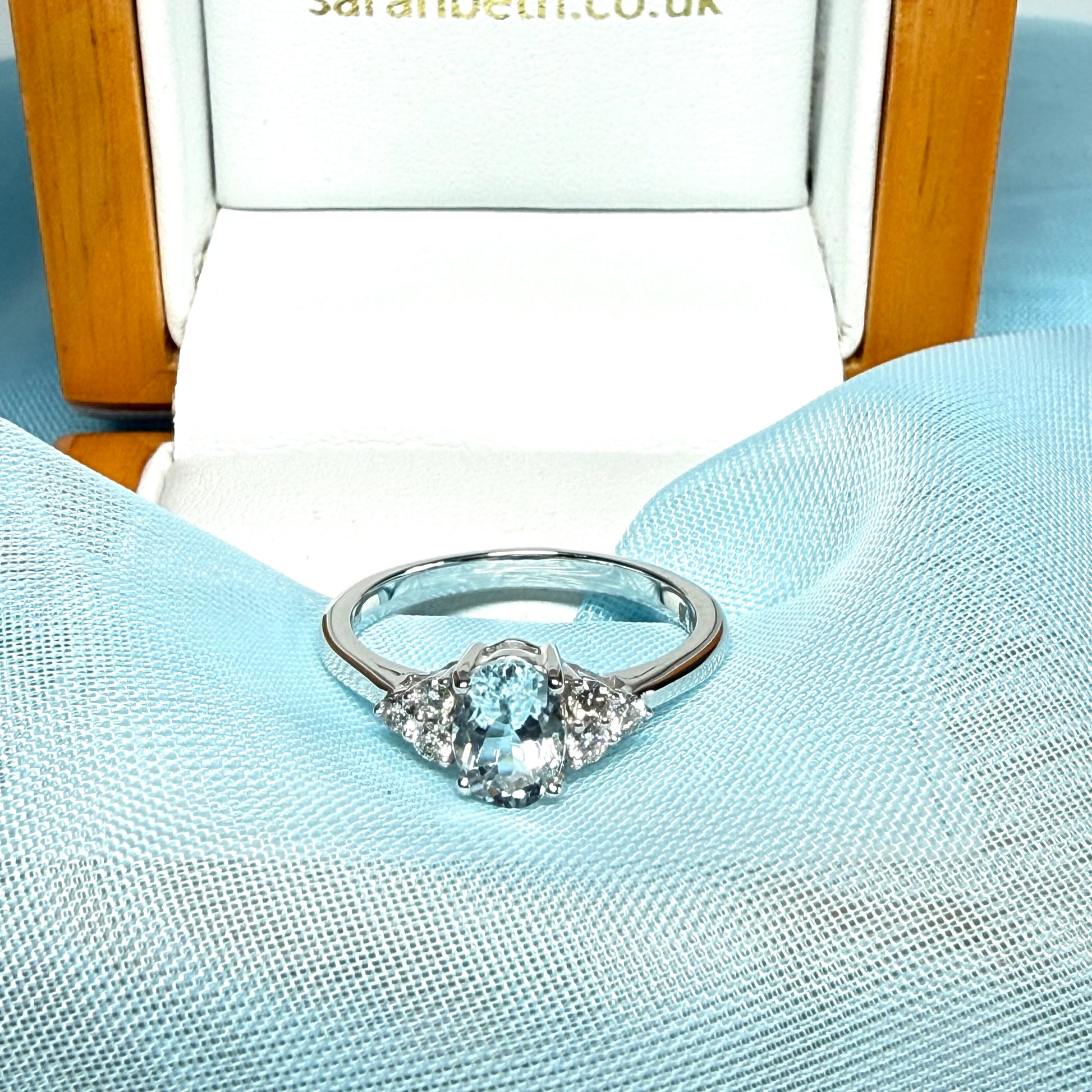 Real aquamarine ring and diamond white gold fancy dress