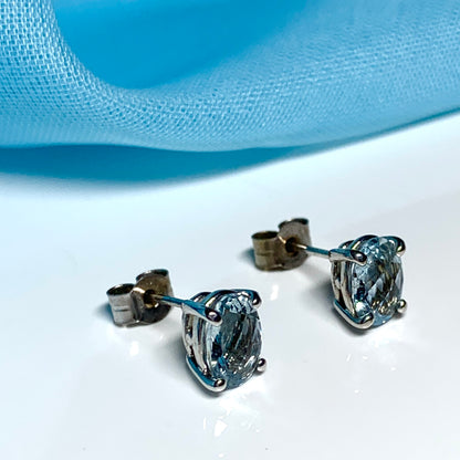 Real aquamarine earrings oval stud white gold