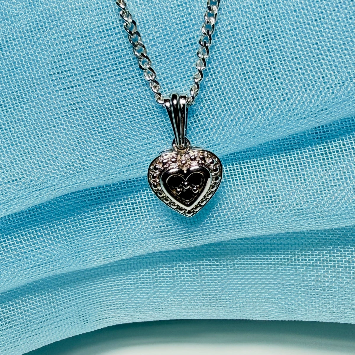Real black and white diamond heart shaped white gold necklace pendant with chain included