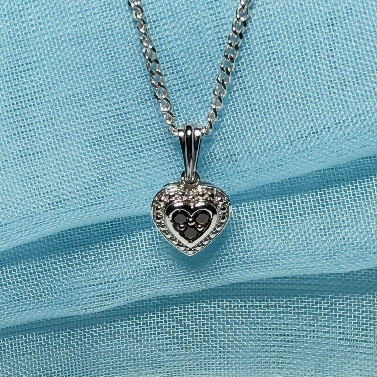 Real black and white diamond heart shaped white gold necklace pendant with chain included