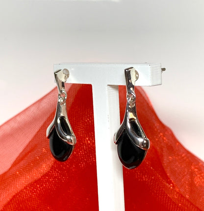 Real black onyx drop earrings marquise shaped sterling silver