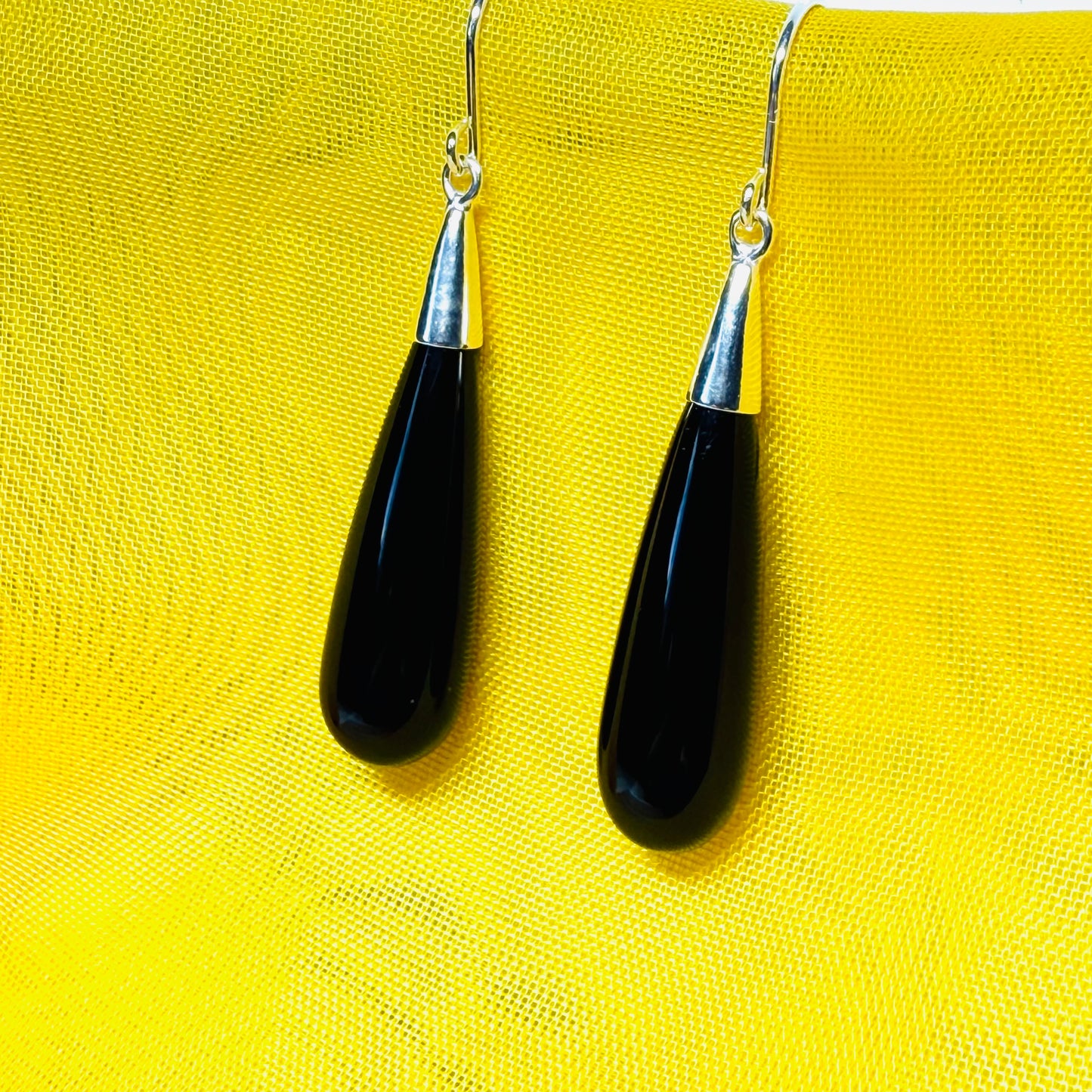 Real black onyx long drop earrings sterling silver wire fastenings