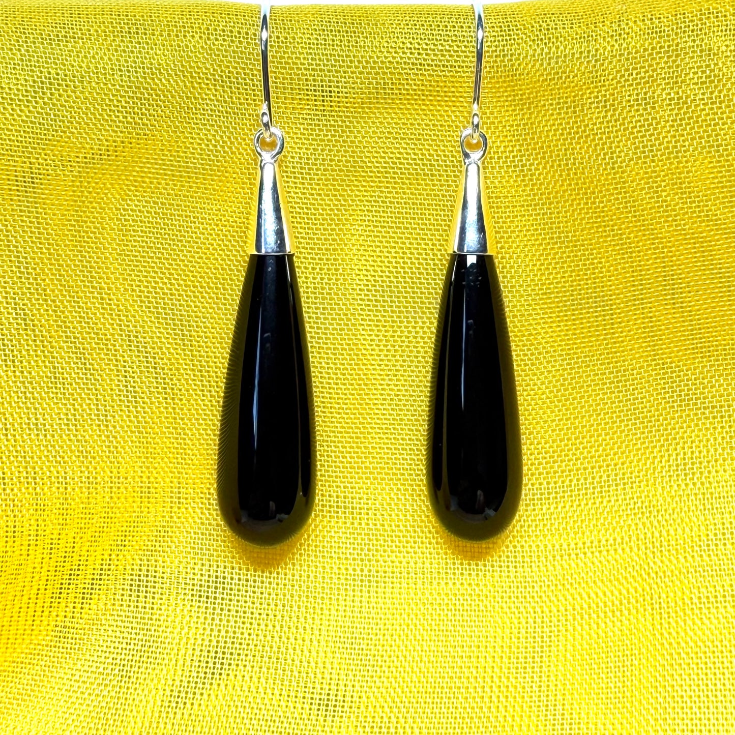 Real black onyx long drop earrings sterling silver wire fastenings