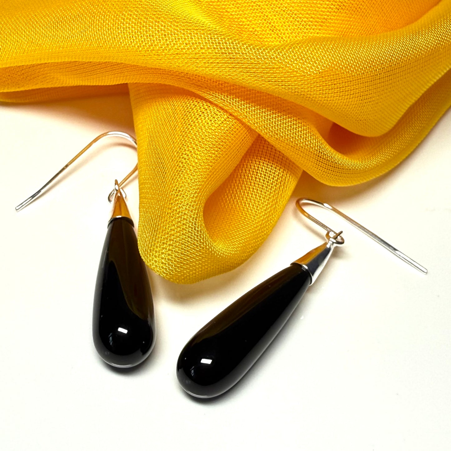 Real black onyx long drop earrings sterling silver wire fastenings