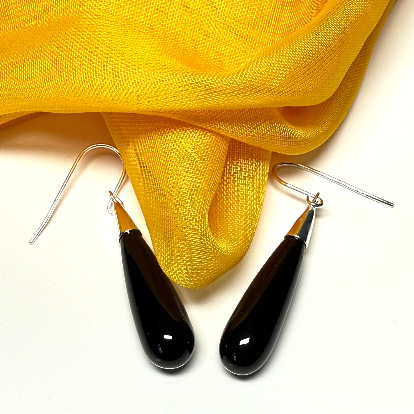 Real black onyx long drop earrings sterling silver wire fastenings
