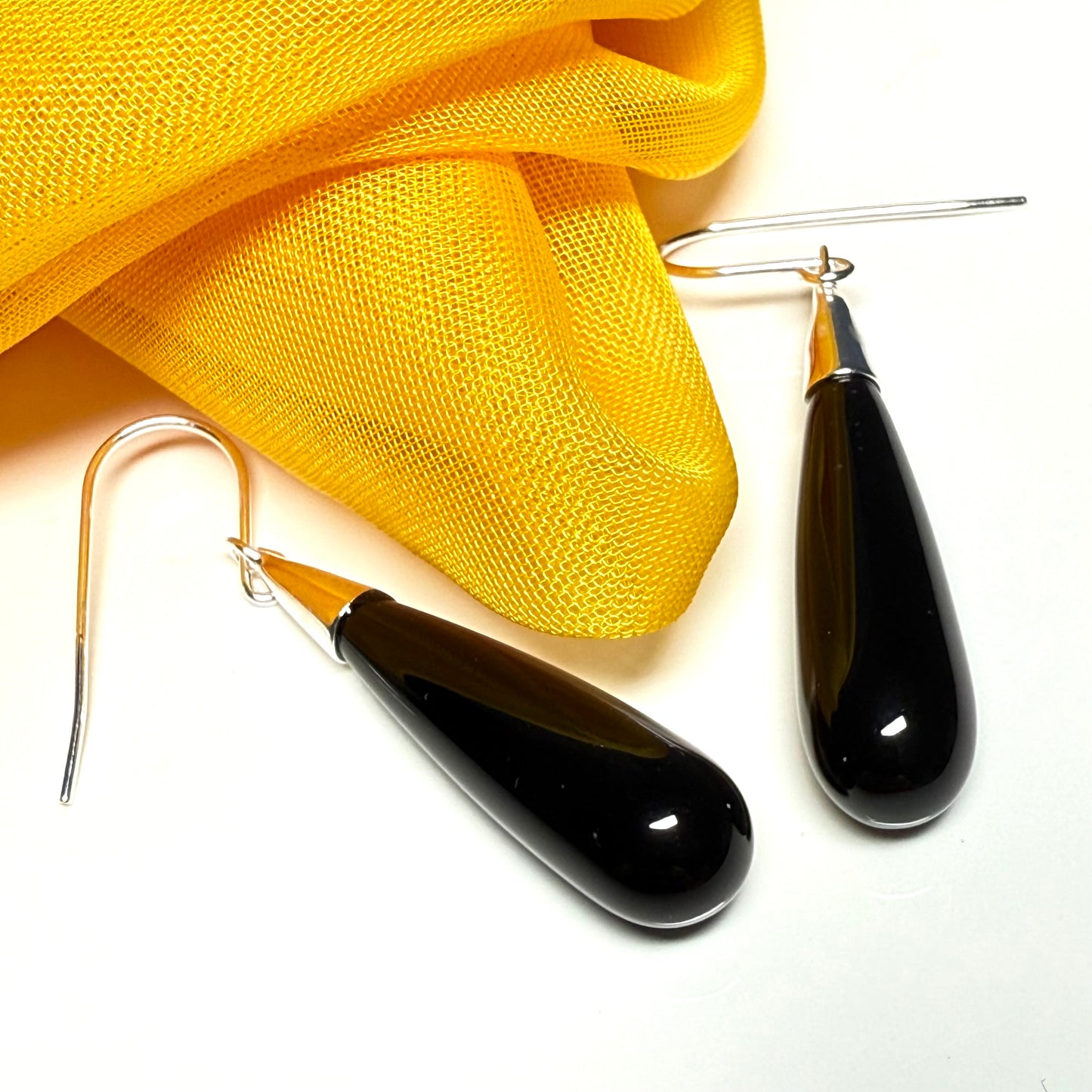 Real black onyx long drop earrings sterling silver wire fastenings