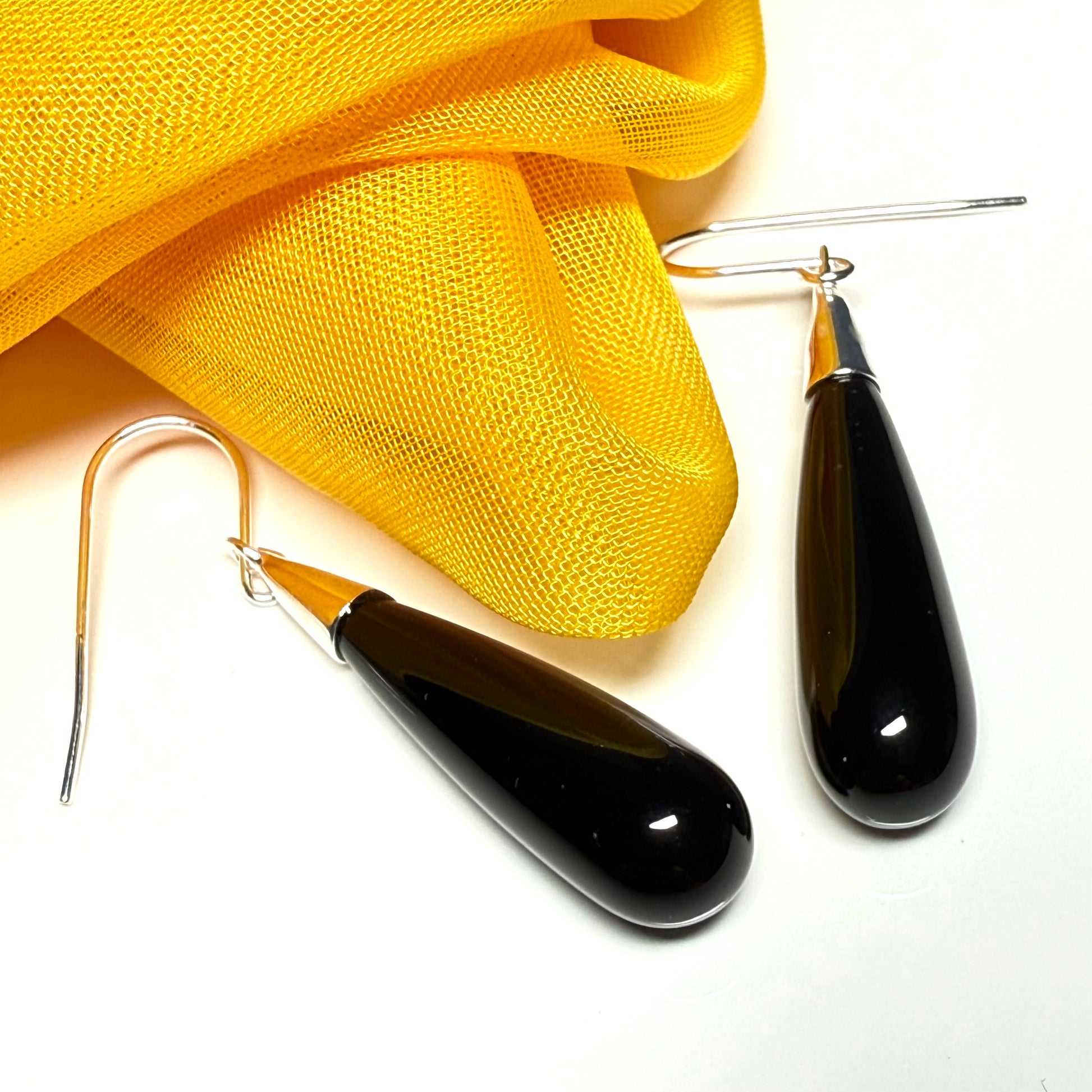 Real black onyx long drop earrings sterling silver wire fastenings