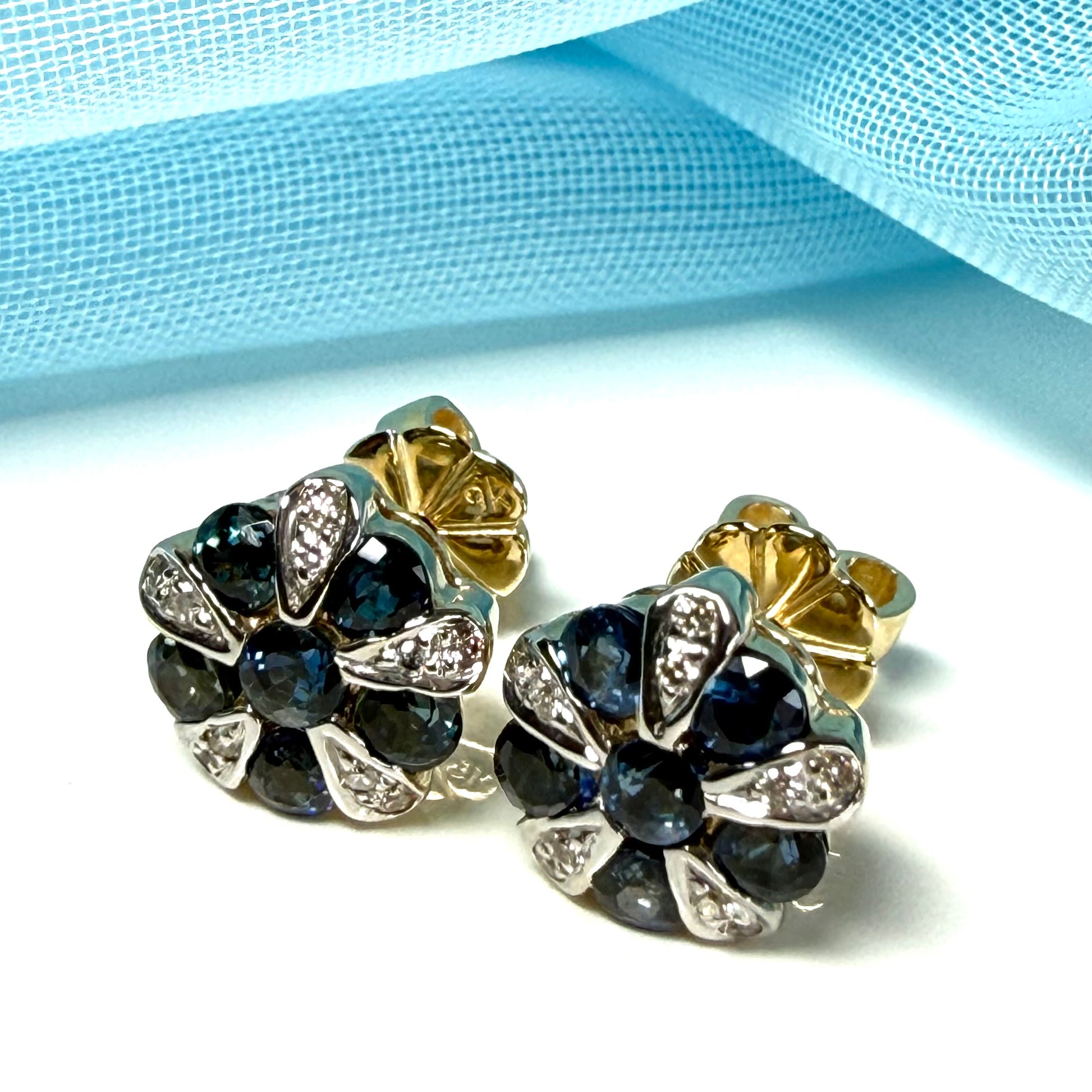 Real blue sapphire and real diamond round cluster stud earrings yellow gold