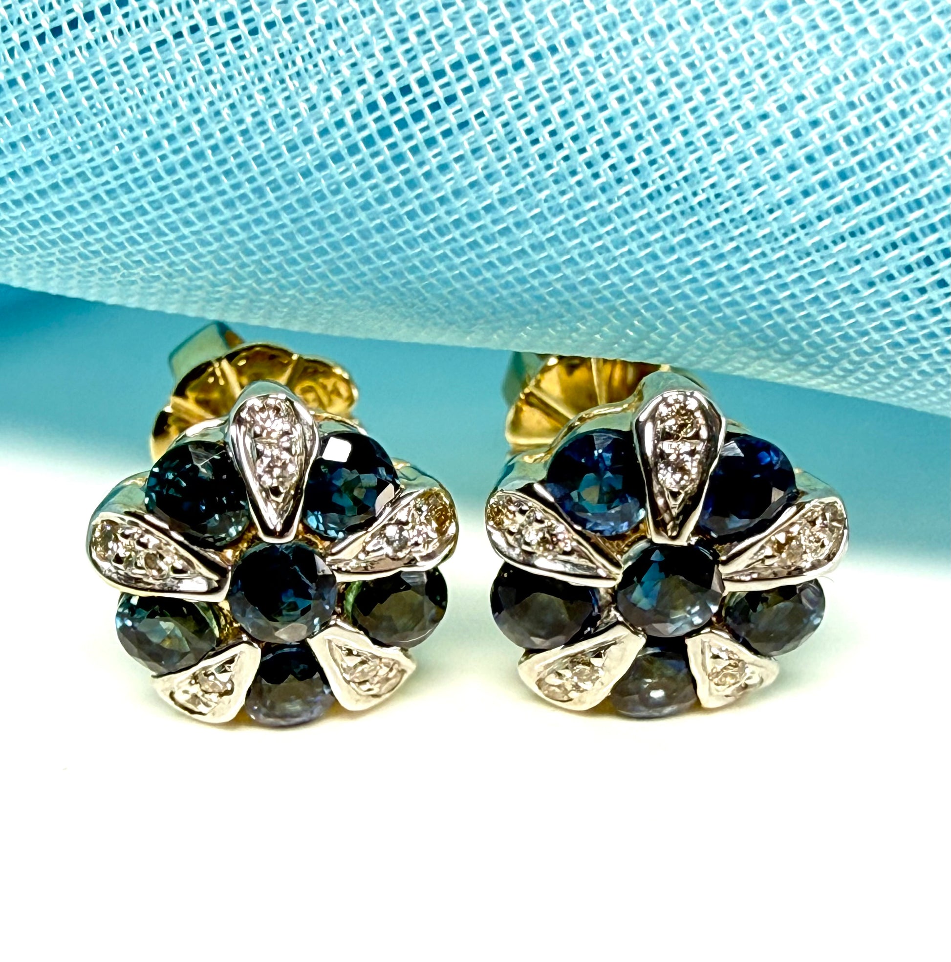 Real blue sapphire and real diamond round cluster stud earrings yellow gold