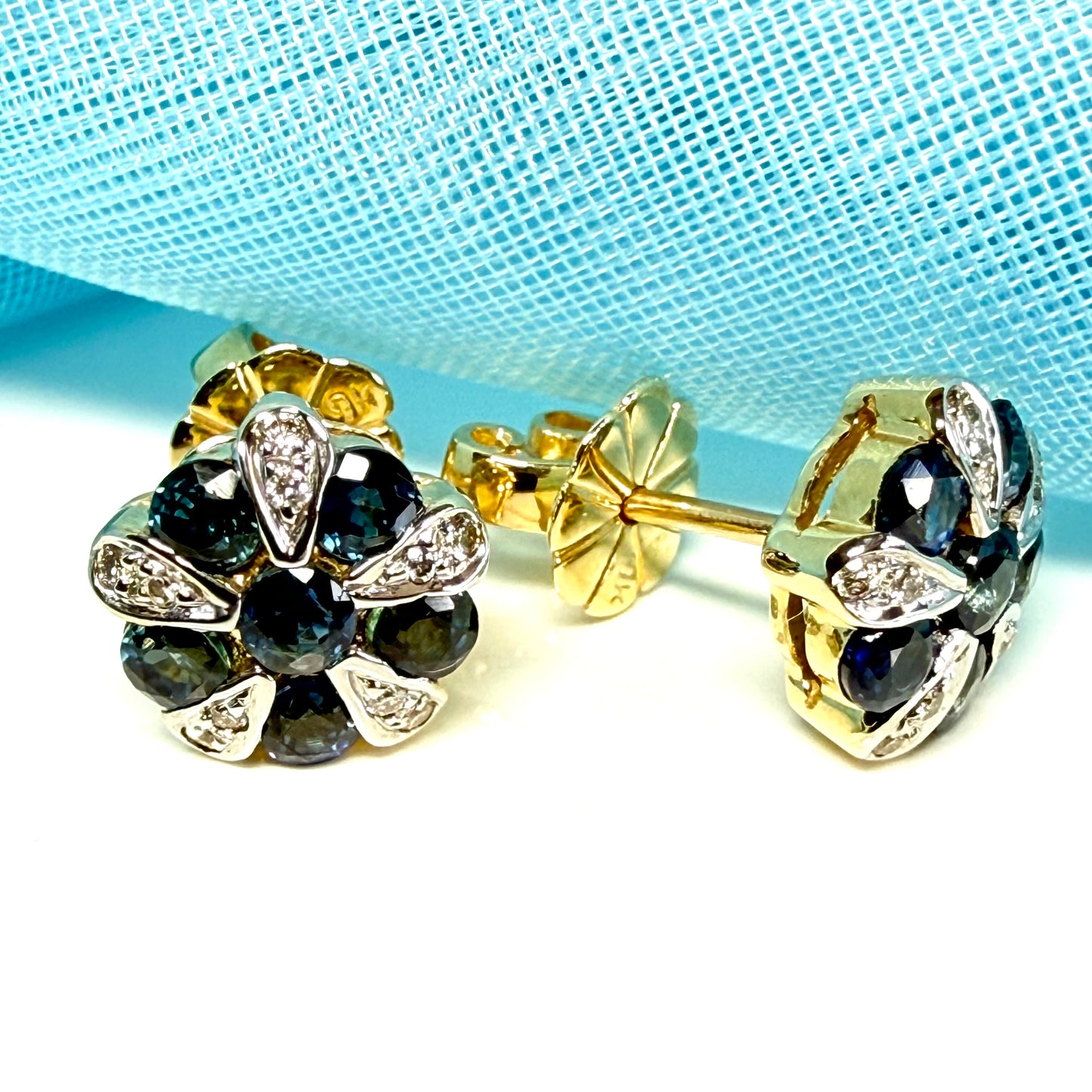 Real blue sapphire and real diamond round cluster stud earrings yellow gold