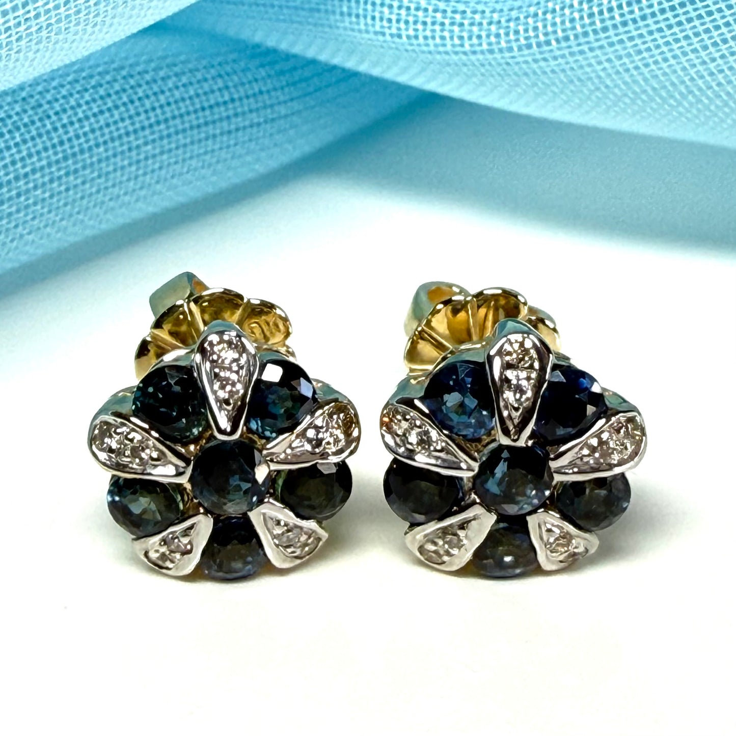 Real blue sapphire and real diamond round cluster stud earrings yellow gold