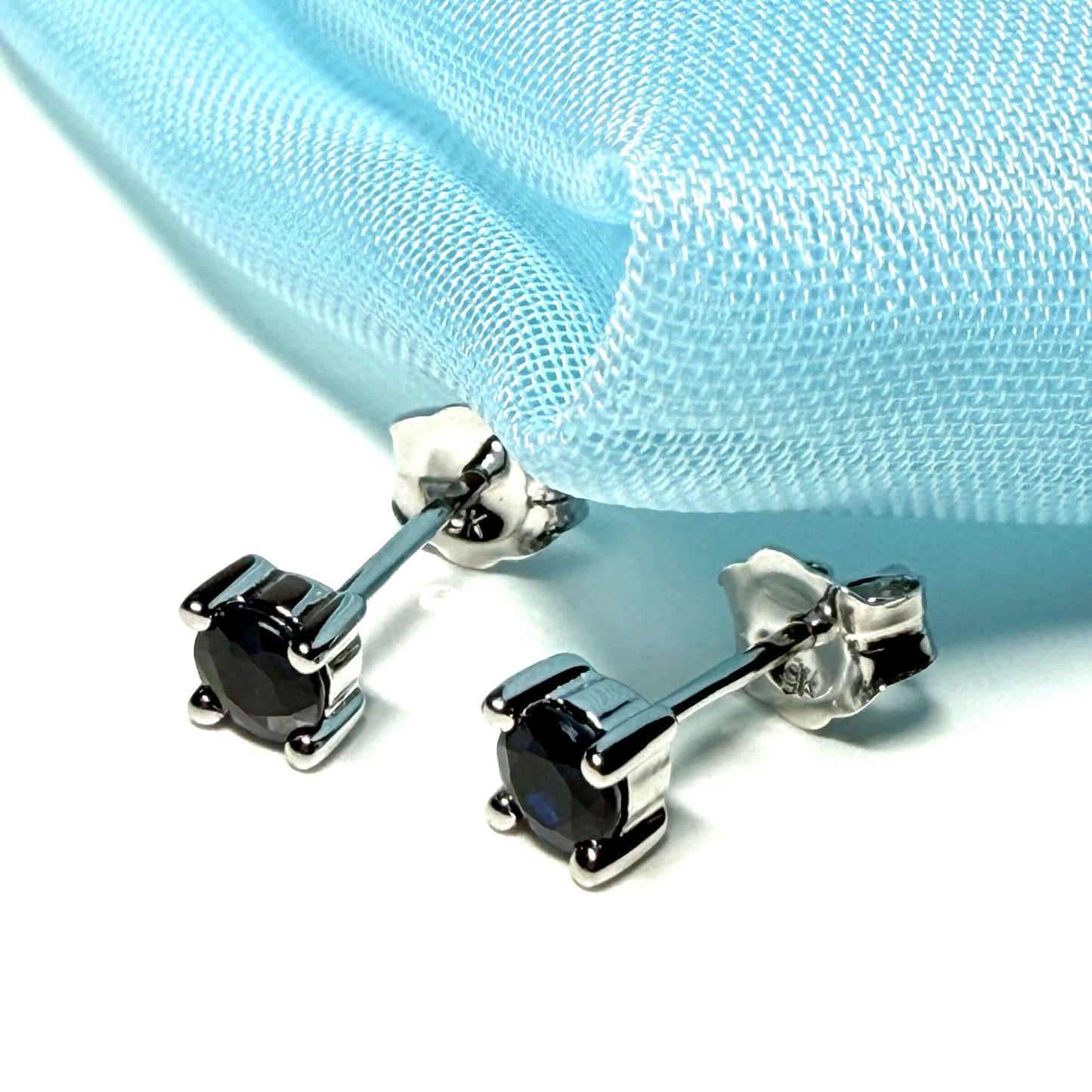 Real blue sapphire earrings round white gold stud claw set