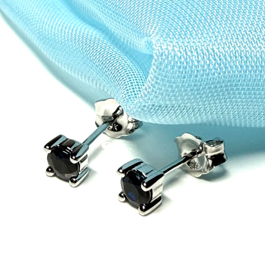 Real blue sapphire earrings round white gold stud claw set
