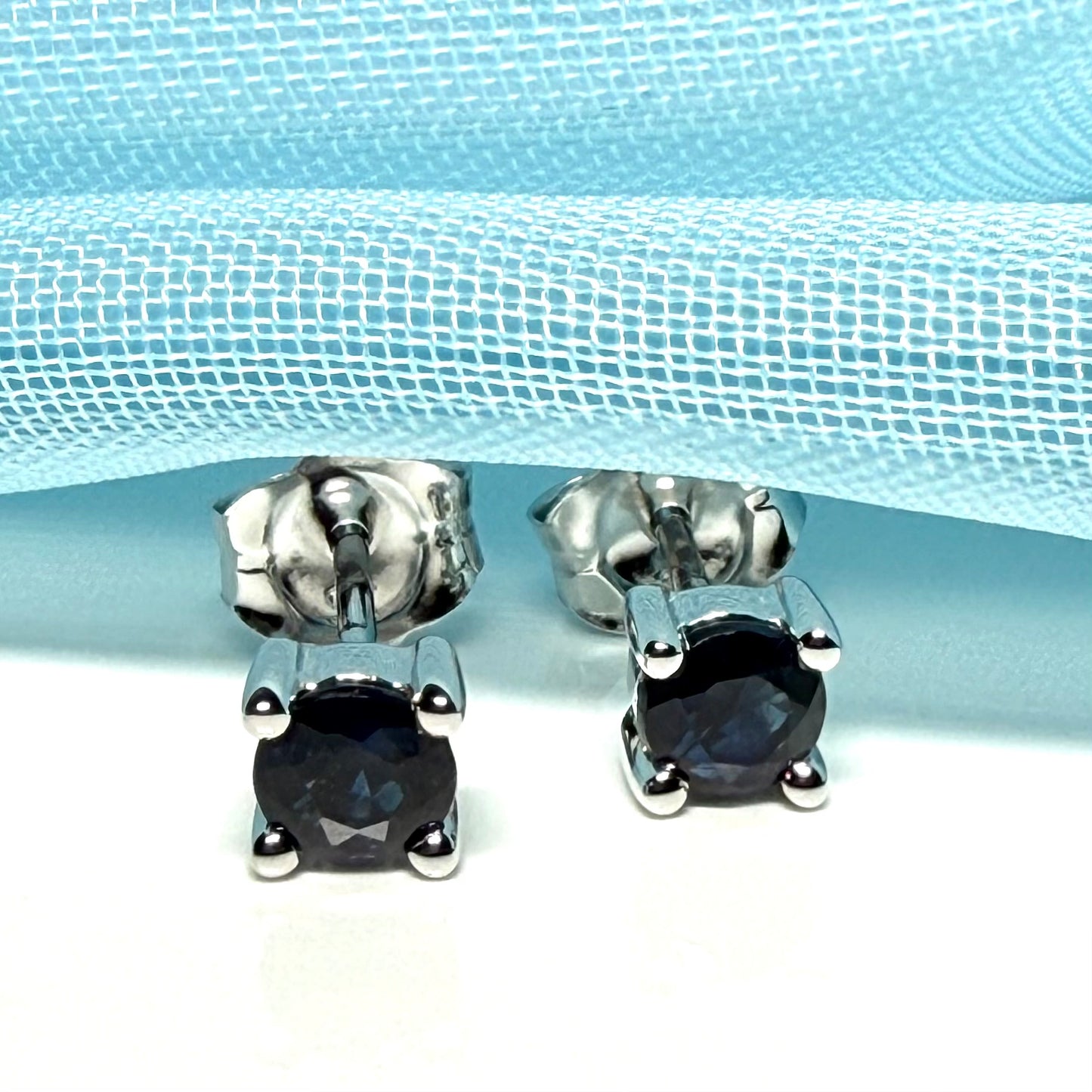 Real blue sapphire earrings round white gold stud claw set