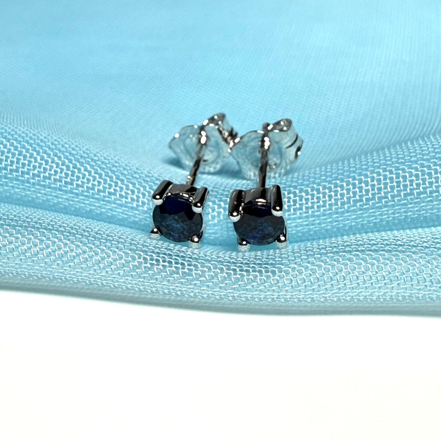 Real blue sapphire earrings round white gold stud claw set