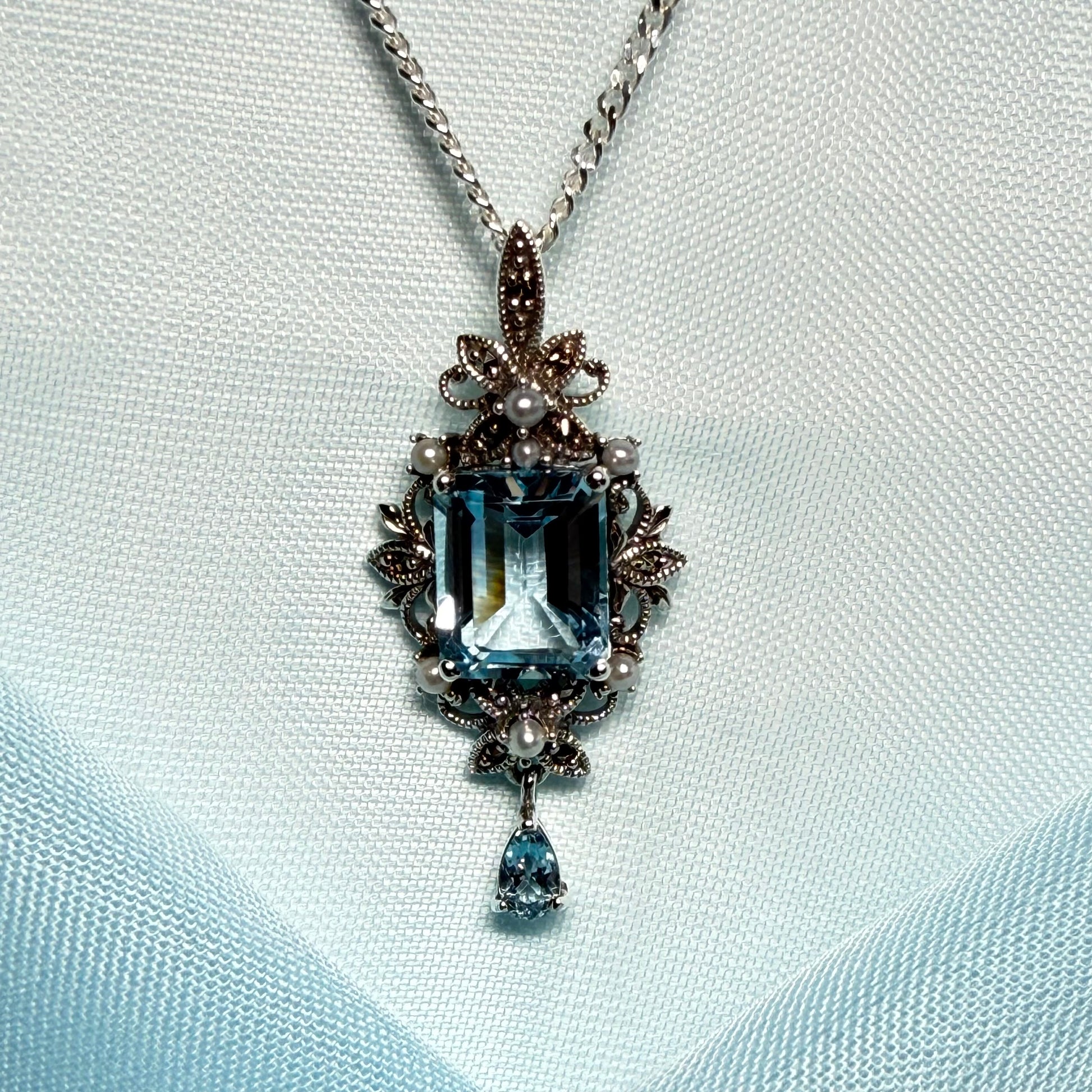 Real blue topaz and real freshwater pearl necklace pendant with real marcasite stones