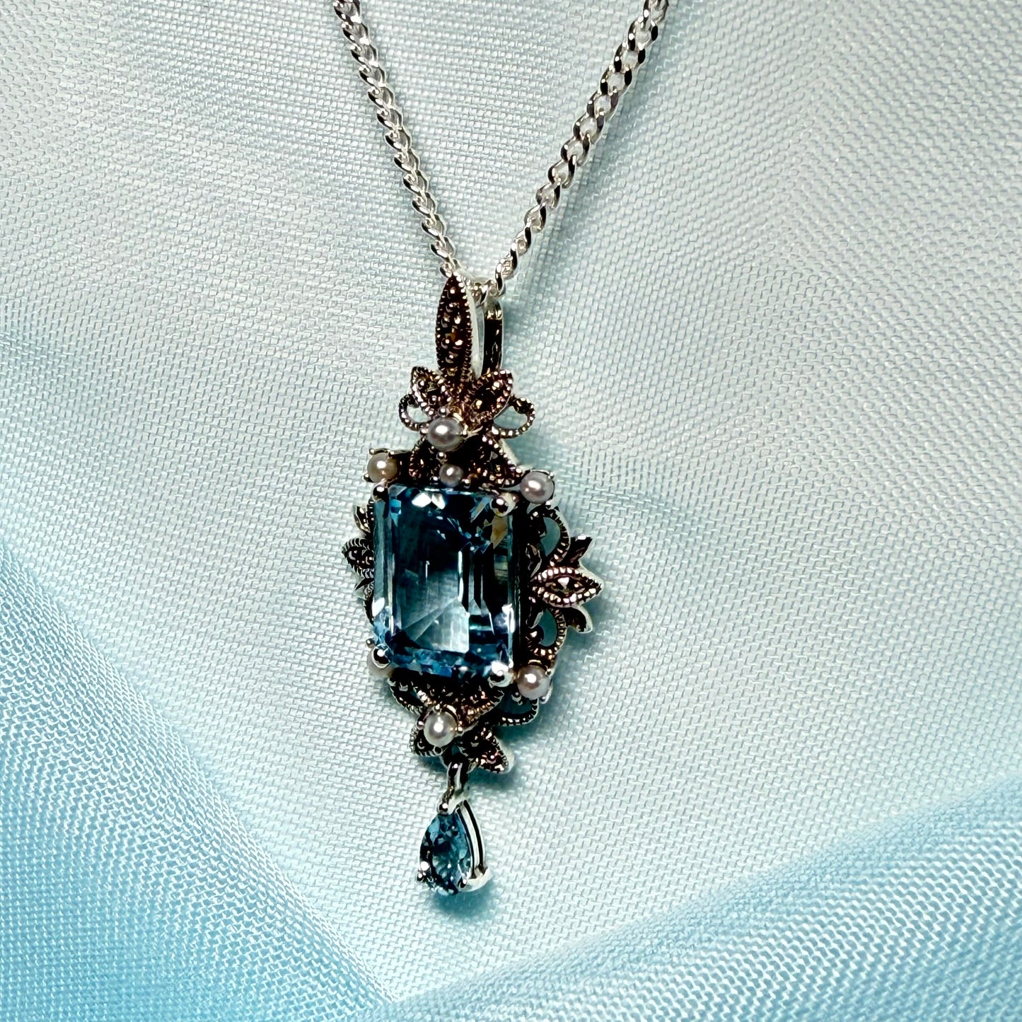 Real blue topaz and real freshwater pearl necklace pendant with real marcasite stones