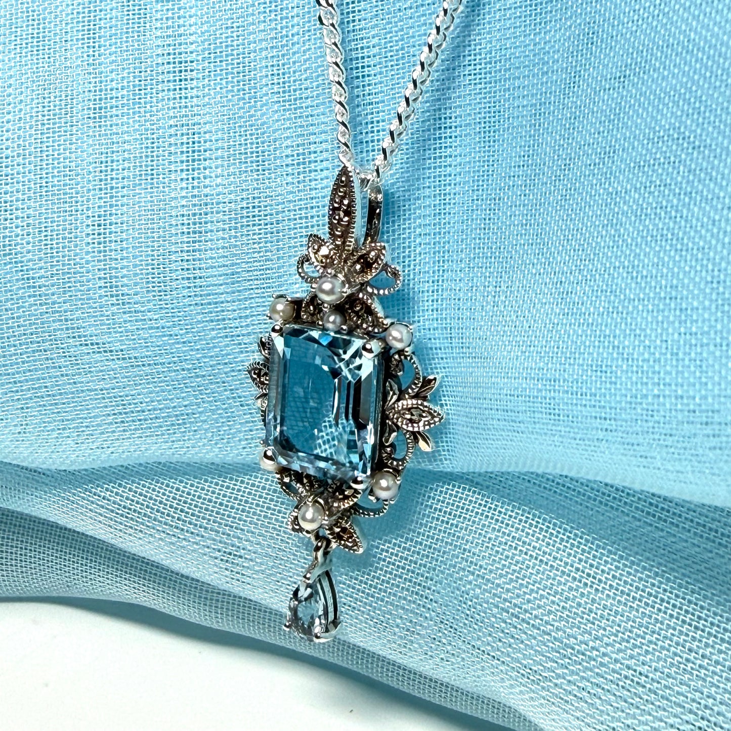 Real blue topaz and real freshwater pearl necklace pendant with real marcasite stones